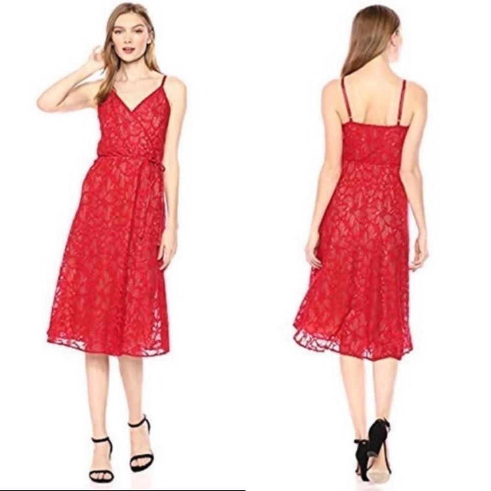 NWOT Ali & Jay Women's Faux Wrap Contrast Red Lace Fit & Flare Midi Dress size L